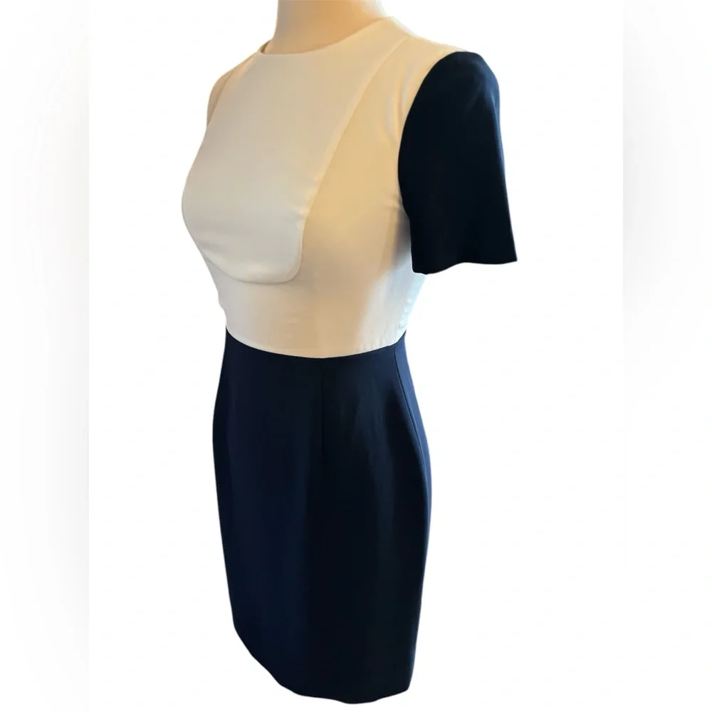 J. Crew Blue and Cream Sheath midi Dress Short Sleeve Crew Neck Size 2